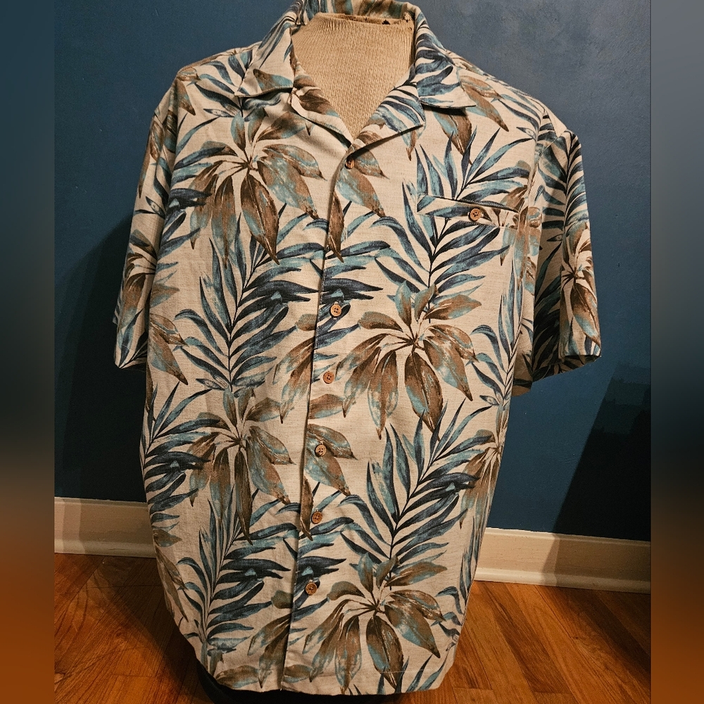 MENS JOHN BLAIR SHORT SLEEVE 2XL TEAL BEIGE HAWAIIAN SHIRT